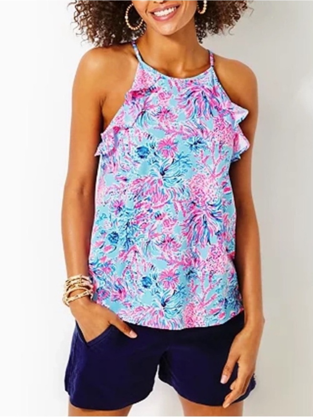 Lilly Pulitzer Blue Pink Floral Ruffle Halter Tank